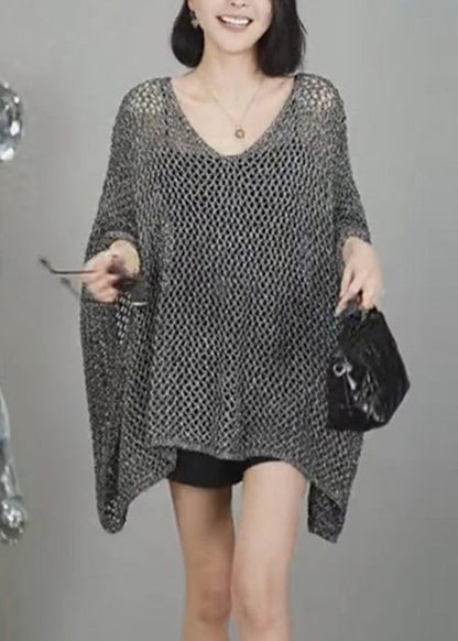 Neck Hollow Shirts V T Simple Out Knit Grey Sleeve Batwing