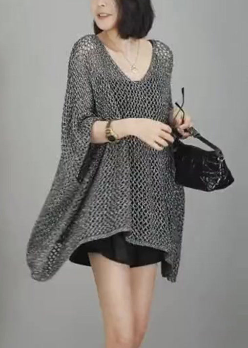 Neck Hollow Shirts V T Simple Out Knit Grey Sleeve Batwing
