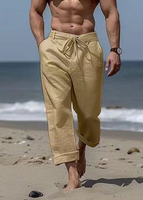 Khaki Pants Simple Summer Cotton Elastic Mens Pockets Waist Solid