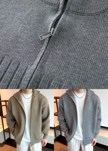 Manteau kaki confortable en tricot pour homme, fermeture éclair simple