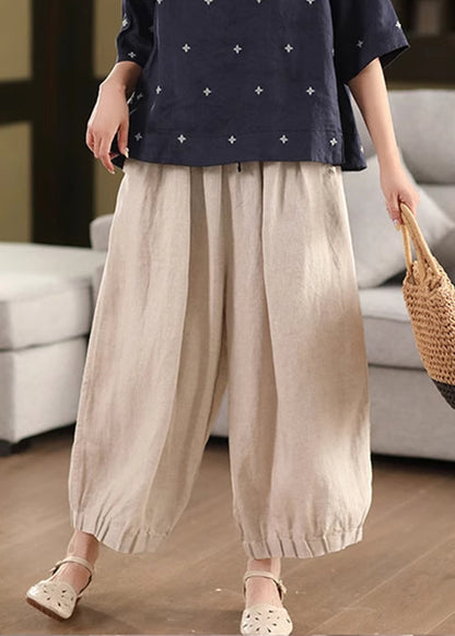 Pantalon d'été simple en lin élastique avec poches à la taille et aux jambes