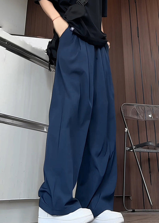 Pantalon en soie pour homme, bleu marine, élastique, uni, été, simple, poches à glace