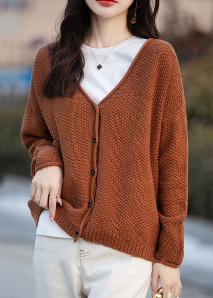 Cardigan simple en tricot de coton à col en V et boutons orange Automne QI014