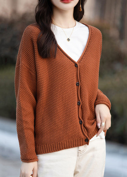 Cardigan simple en tricot de coton à col en V et boutons orange Automne QI014