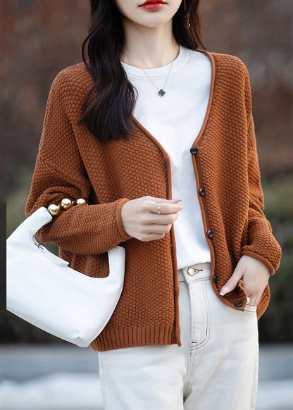 Cardigan simple en tricot de coton à col en V et boutons orange Automne QI014