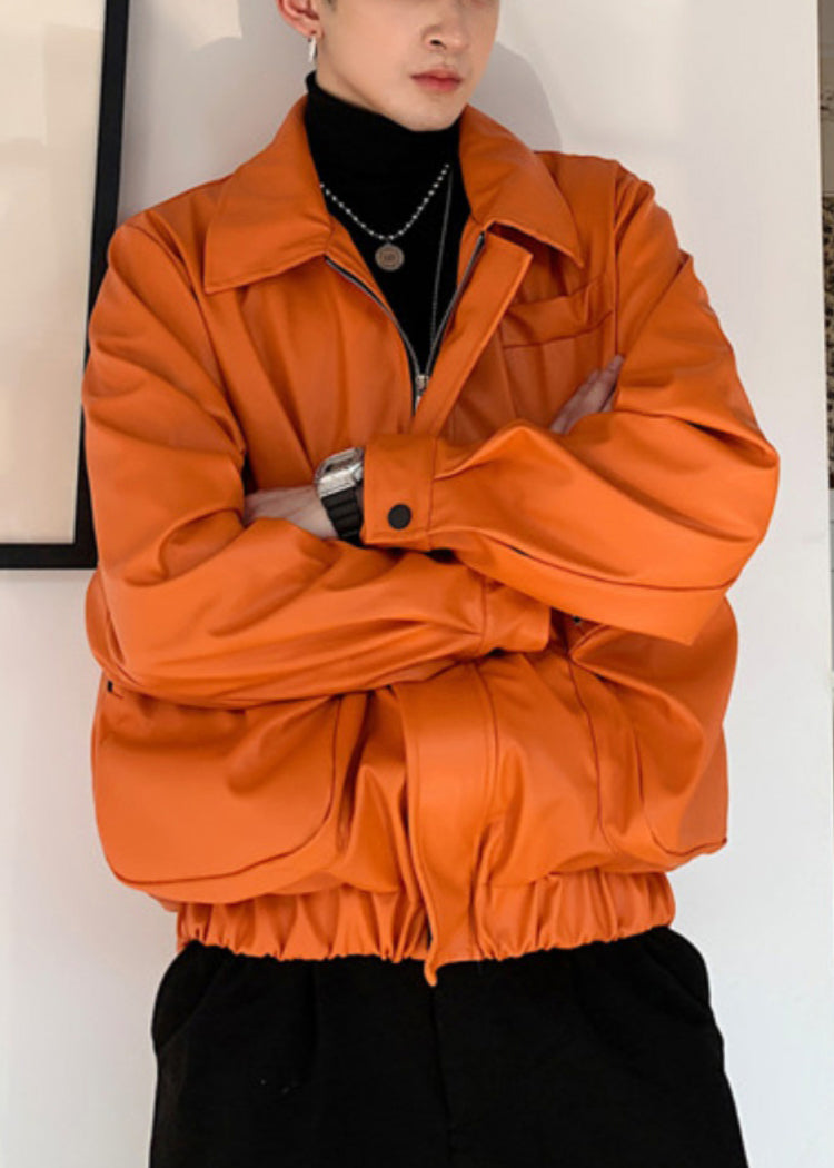 Manteau simple orange en similicuir avec poches zippées pour homme, printemps RN031