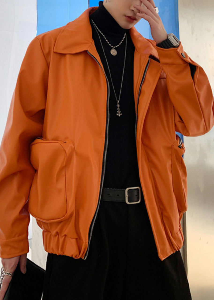 Manteau simple orange en similicuir avec poches zippées pour homme, printemps RN031