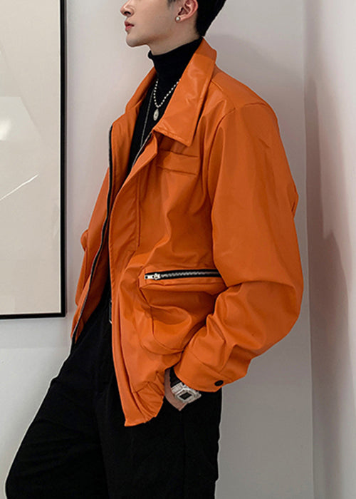 Manteau simple orange en similicuir avec poches zippées pour homme, printemps RN031