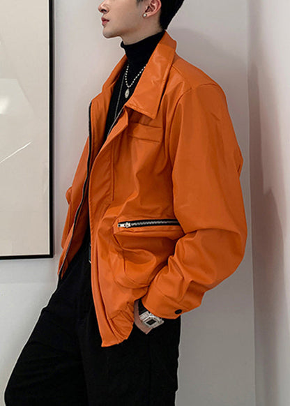 Manteau simple orange en similicuir avec poches zippées pour homme, printemps RN031