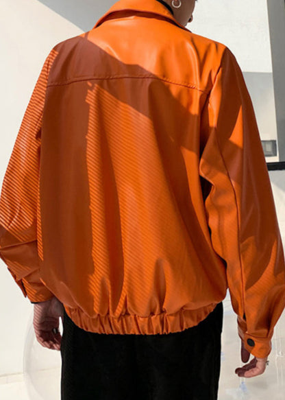 Manteau simple orange en similicuir avec poches zippées pour homme, printemps RN031