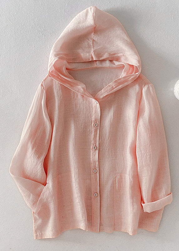Fall Pockets Pink Simple Button Cotton Hooded Shirt