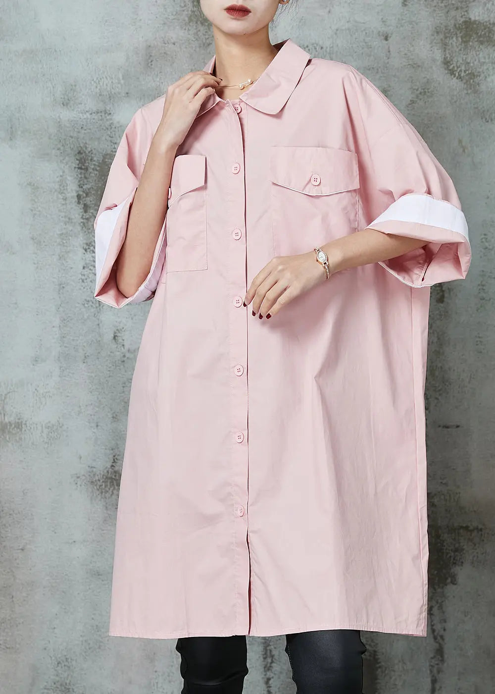 Simple Pink Oversized Cotton Shirt Dress Spring JK1002 Ada Fashion