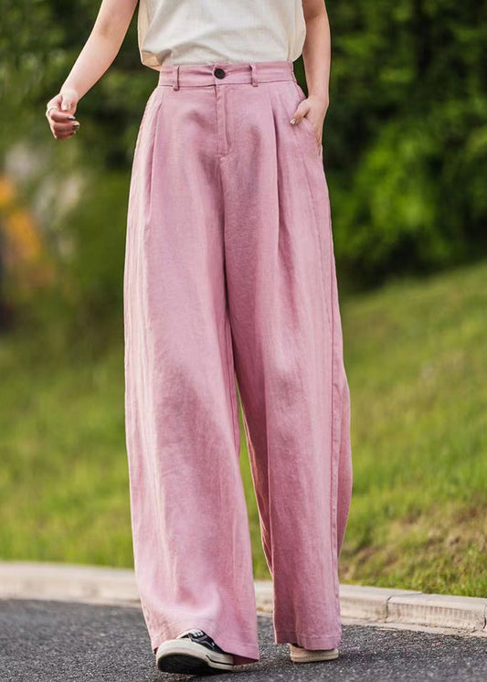 Pantalon rose droit à taille haute avec poches d'été en lin simple
