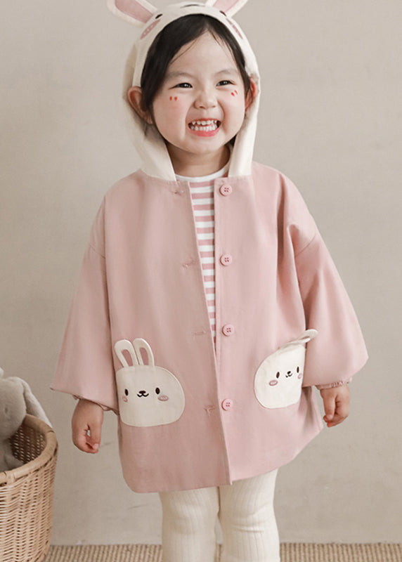 Simple Pink Print Button Girls Hooded Coat Fall QV034