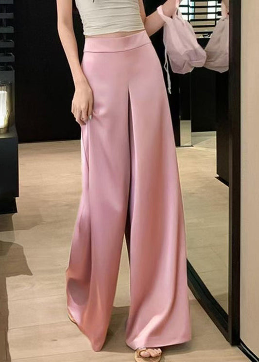 Pantalon d'été taille haute en soie unie, large, rose, jambe simple