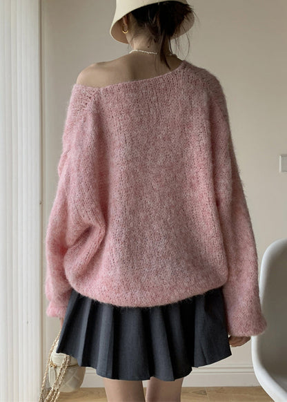 Pull en tricot de coton confortable à col en V rose simple hiver WY021