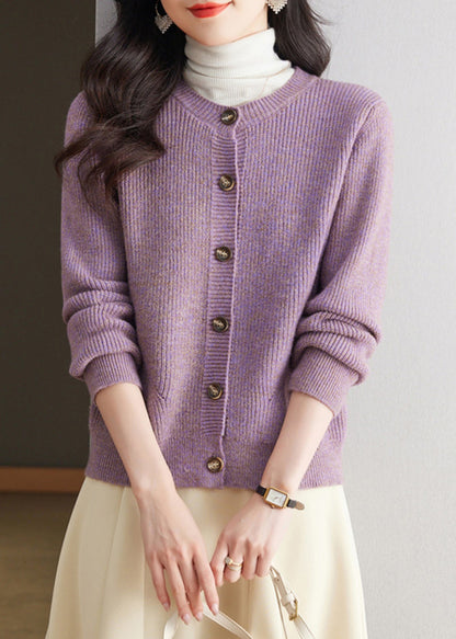 Cardigan simple en tricot à col rond violet à boutons Automne QS001