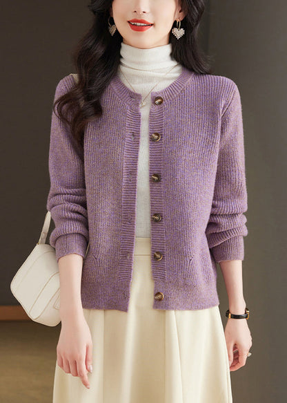 Cardigan simple en tricot à col rond violet à boutons Automne QS001