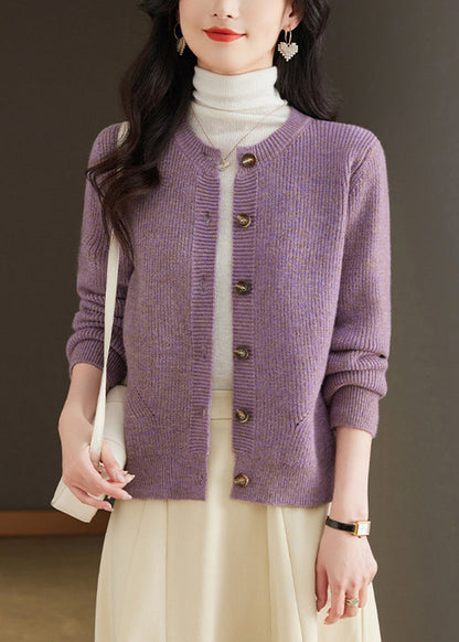 Cardigan simple en tricot à col rond violet à boutons Automne QS001