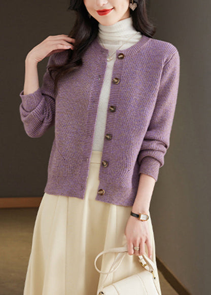 Cardigan simple en tricot à col rond violet à boutons Automne QS001