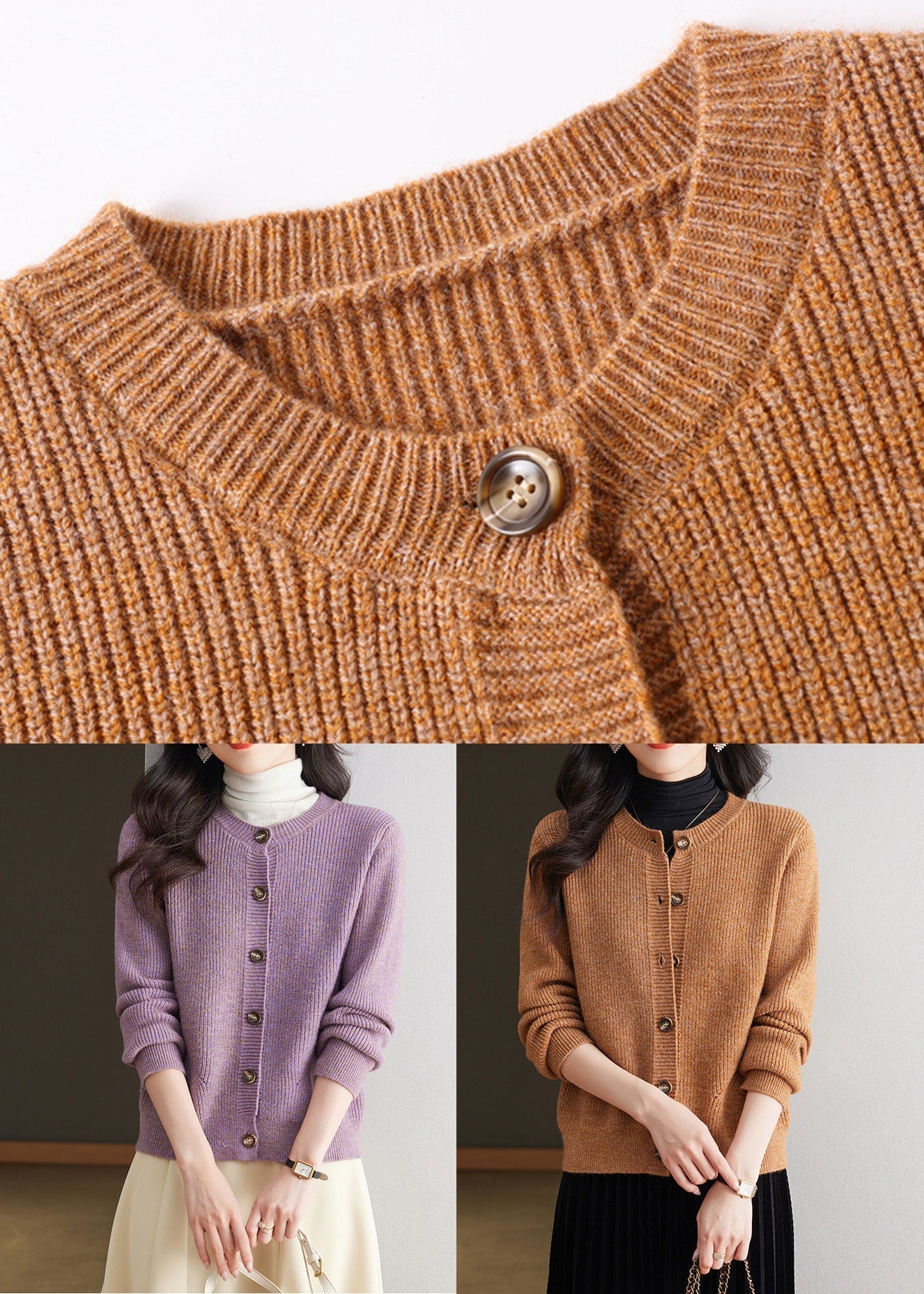 Simple Purple O Neck Button Knit Cardigan Fall QS001