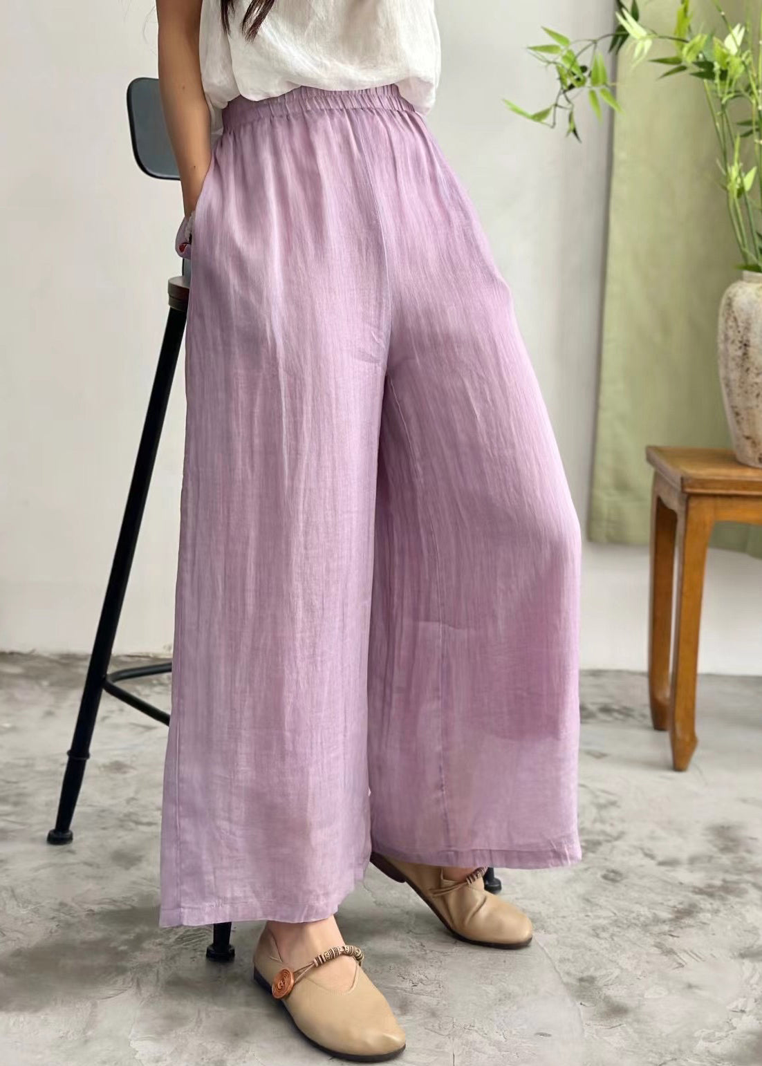 Simple Purple Pockets Elastic Waist Linen Wide Leg Pants Summer JH035