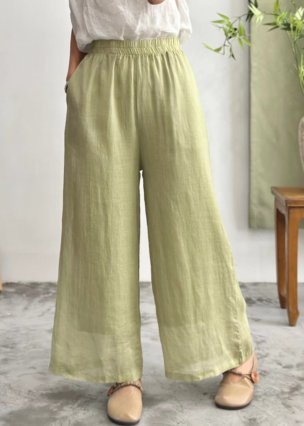 Simple Purple Pockets Elastic Waist Linen Wide Leg Pants Summer JH035