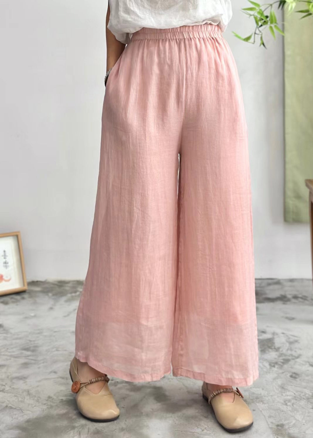 Simple Purple Pockets Elastic Waist Linen Wide Leg Pants Summer JH035