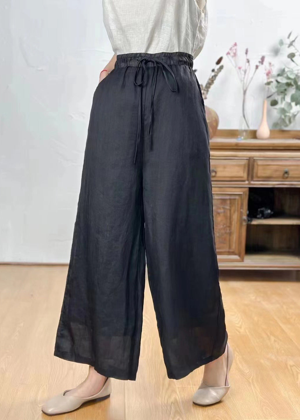 Simple Purple Pockets Elastic Waist Linen Wide Leg Pants Summer JH035