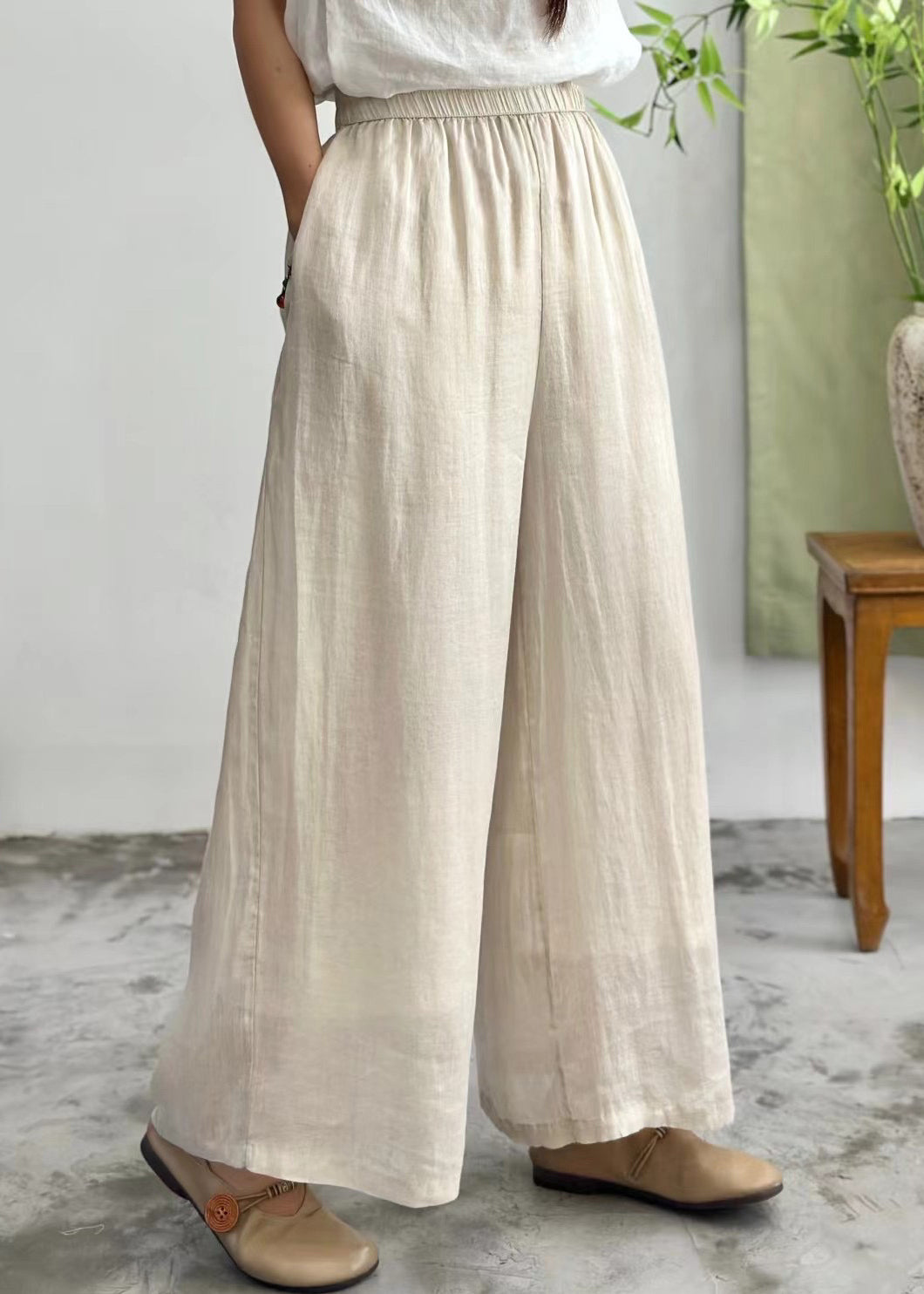 Simple Purple Pockets Elastic Waist Linen Wide Leg Pants Summer JH035