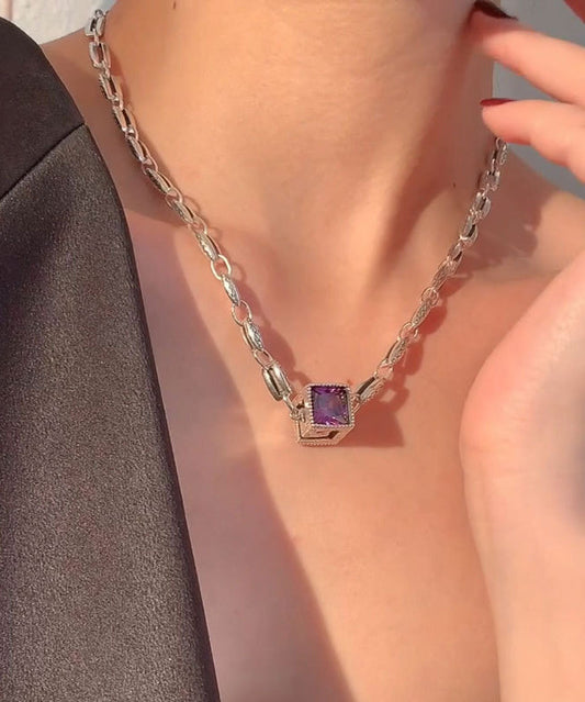 Collier pendentif simple en argent sterling et cristal violet KX1005