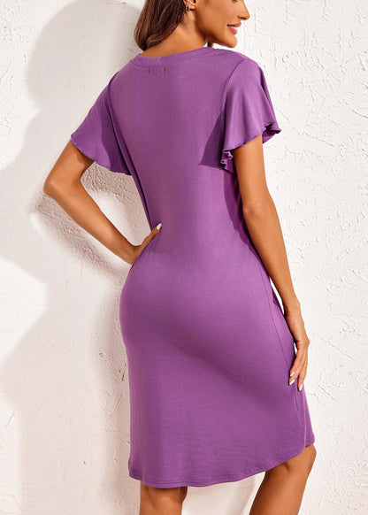 Baumwolle Lila Knopf V Sommerkleid Pyjama Einfacher Hals
