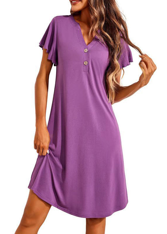 Baumwolle Lila Knopf V Sommerkleid Pyjama Einfacher Hals