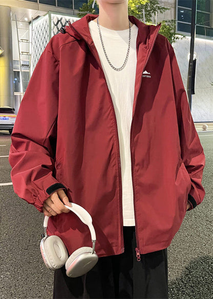 Manteaux homme simple uni rouge zippé à capuche coton printemps