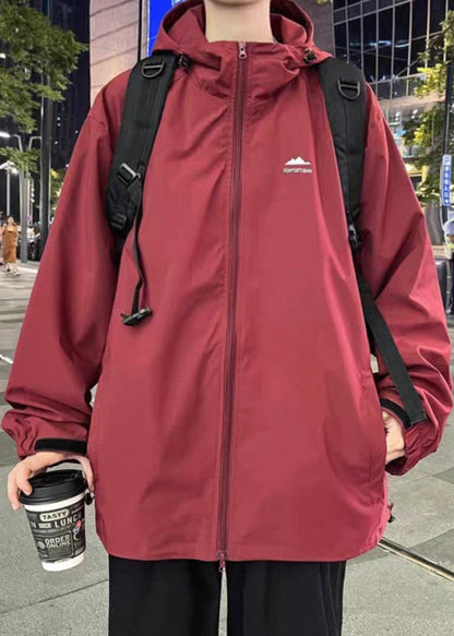 Manteaux homme simple uni rouge zippé à capuche coton printemps