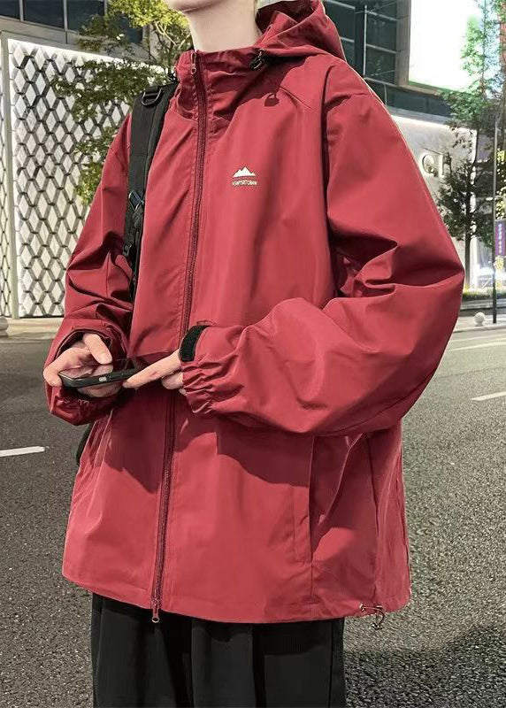 Manteaux homme simple uni rouge zippé à capuche coton printemps