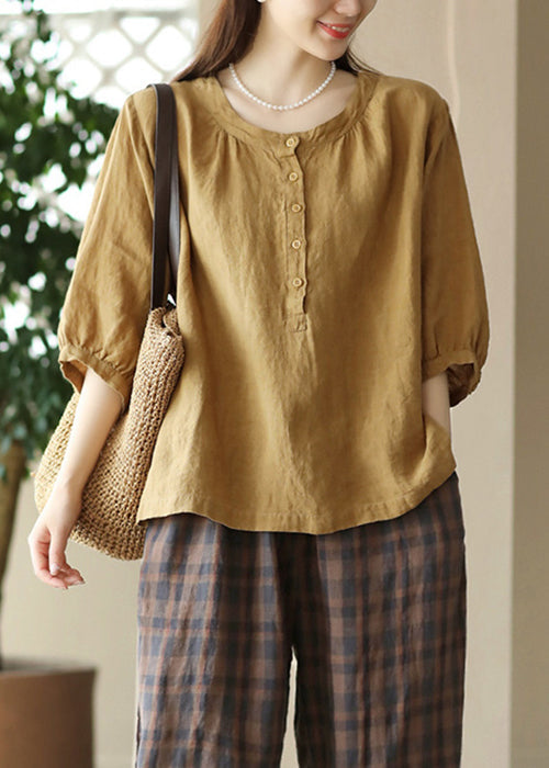 Red Simple Sleeve Bracelet Cotton Button Shirts O Neck