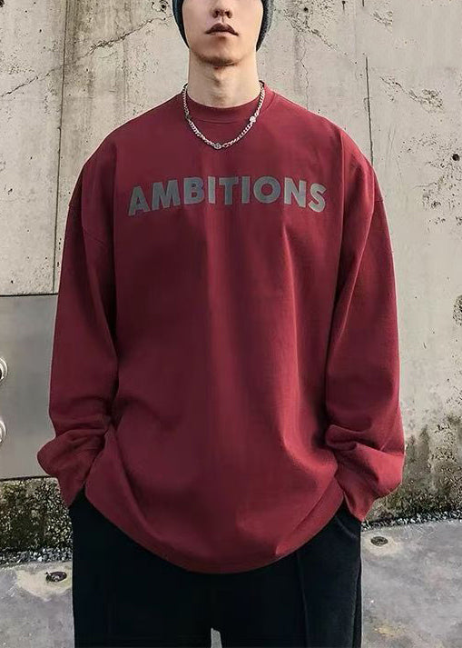 O-Ausschnitt Hemd Brief Frühling Baumwolle T Herren Solide Einfach Rot