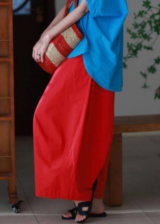 Pants Leg Simple Elastic Summer Pockets Wide Waist Cotton Red