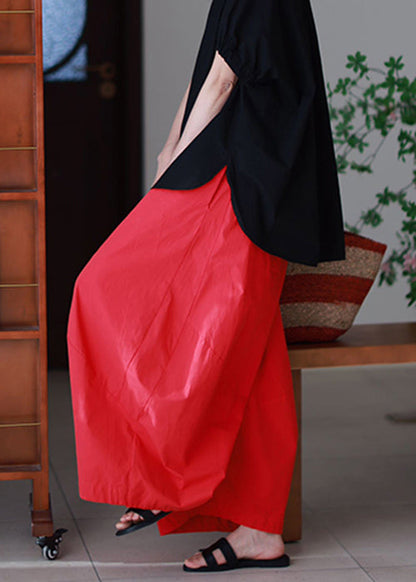 Pants Leg Simple Elastic Summer Pockets Wide Waist Cotton Red