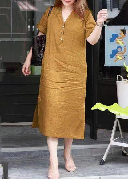 Robe longue simple rouge à col en V et patchwork ouverte sur le côté pour l'été VB1027