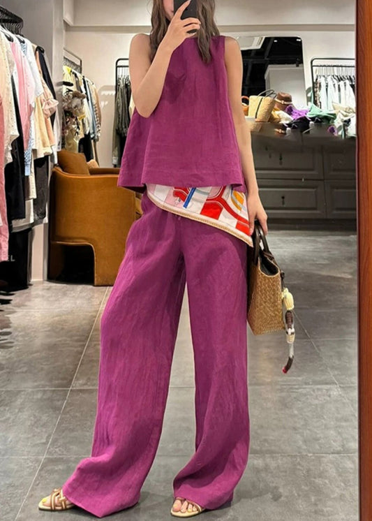 Ensemble de pièces de cou, pantalon, deux pièces en lin rose et débardeur simple uni