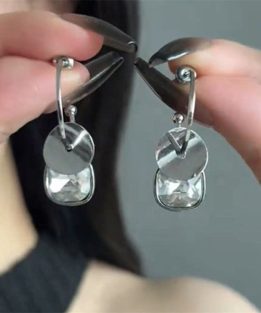 Stainless Earrings Crystal Simple Drop Disk Steel Silk