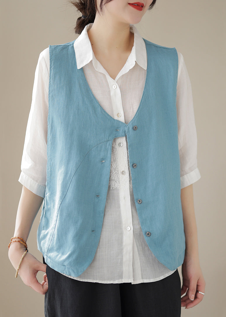 Neck Sleeveless Cotton Blue Sky Simple V Waistcoat Button