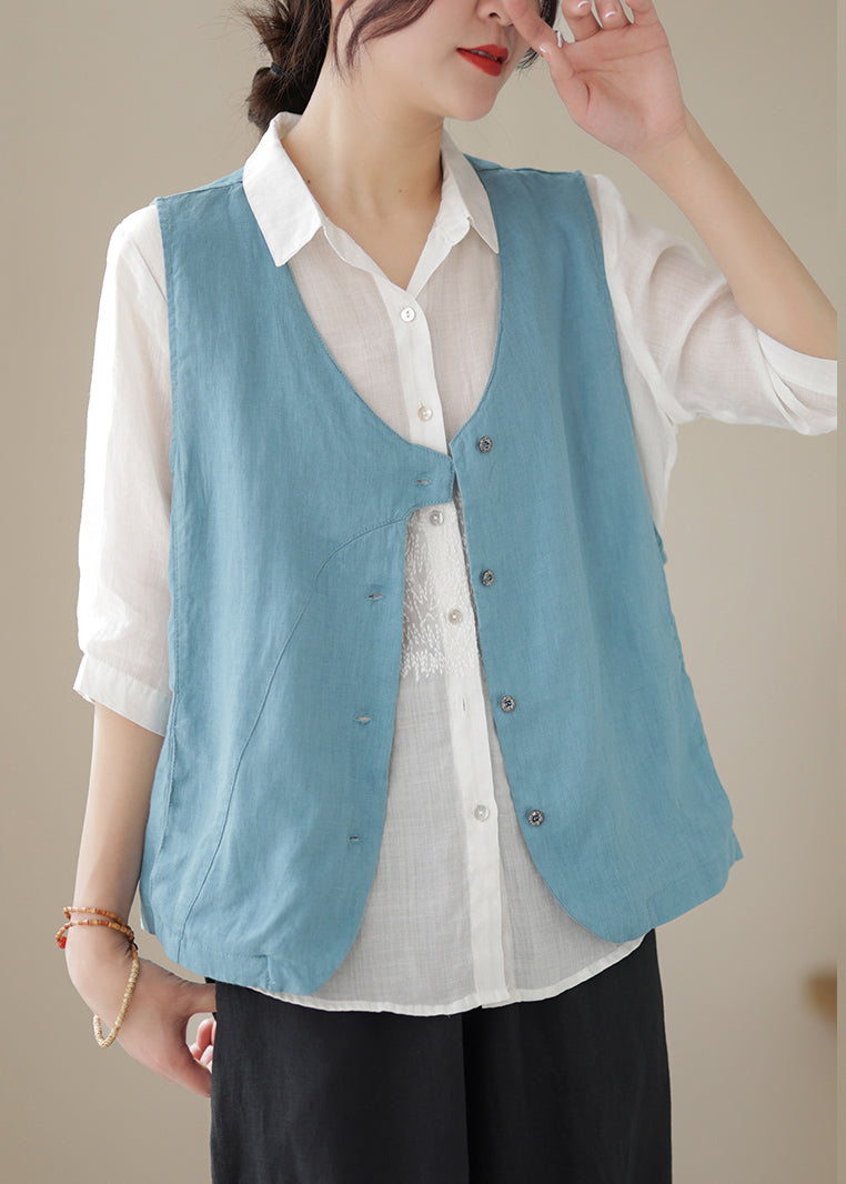 Neck Sleeveless Cotton Blue Sky Simple V Waistcoat Button