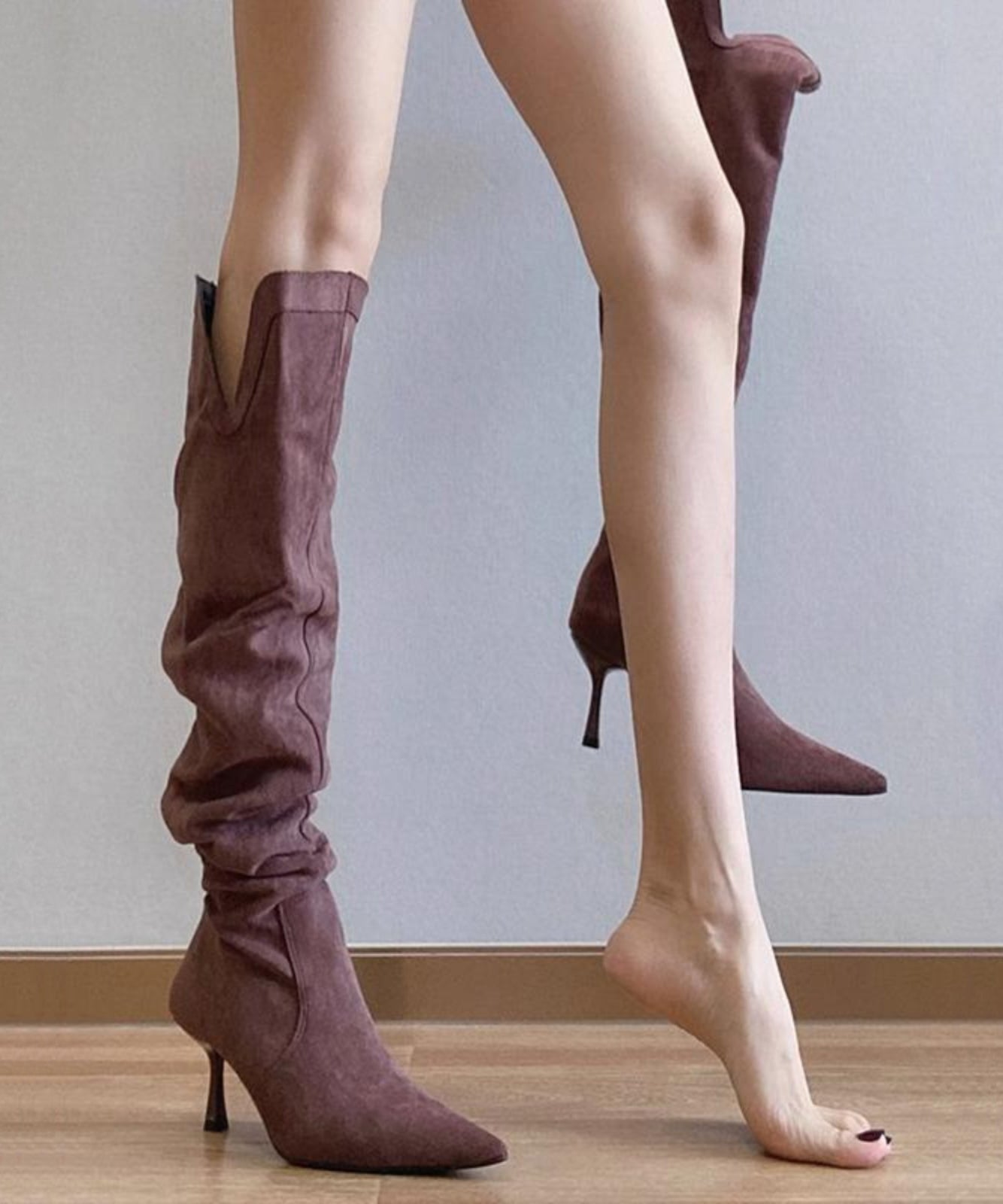 Simple Splicing High Heel Boots Purple Suede TP009