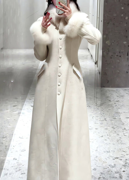 Manteau simple en laine à boutons blancs et fourrure patchwork, printemps TY001