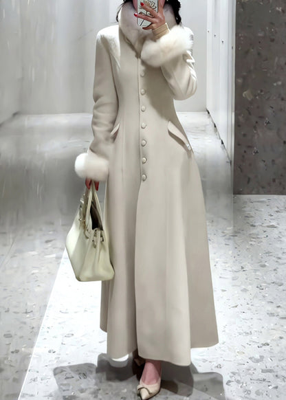 Manteau simple en laine à boutons blancs et fourrure patchwork, printemps TY001
