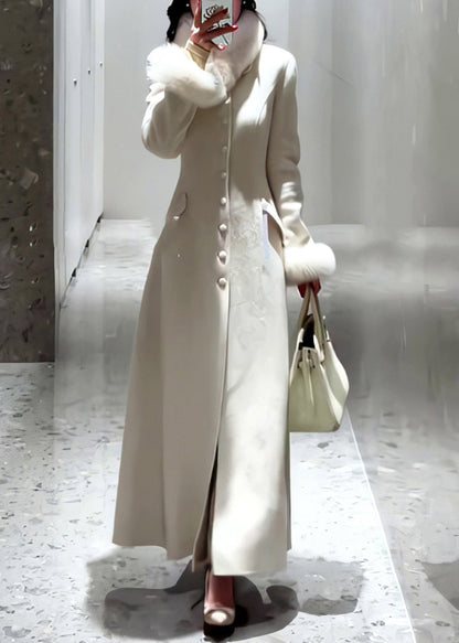 Manteau simple en laine à boutons blancs et fourrure patchwork, printemps TY001