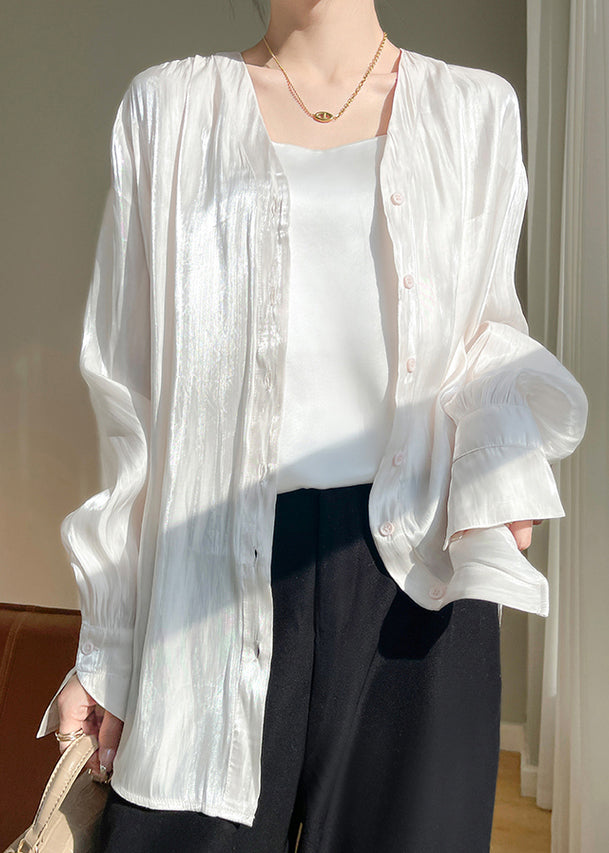 Simple White Button Solid Silk Shirts Fall AB1019